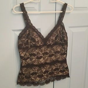 Sleeveless brown lace over cream top